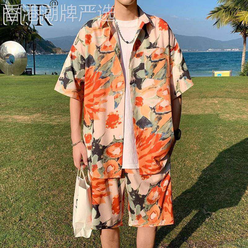 沙滩穿搭休闲套装男款夏季三亚风大尺码海边短袖衬衫男生搭配一整