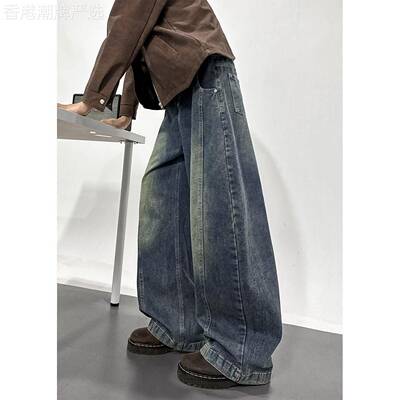 拼接弯刀牛仔裤男春秋季美式潮牌痞帅水洗宽松休闲裤青少年阔腿裤