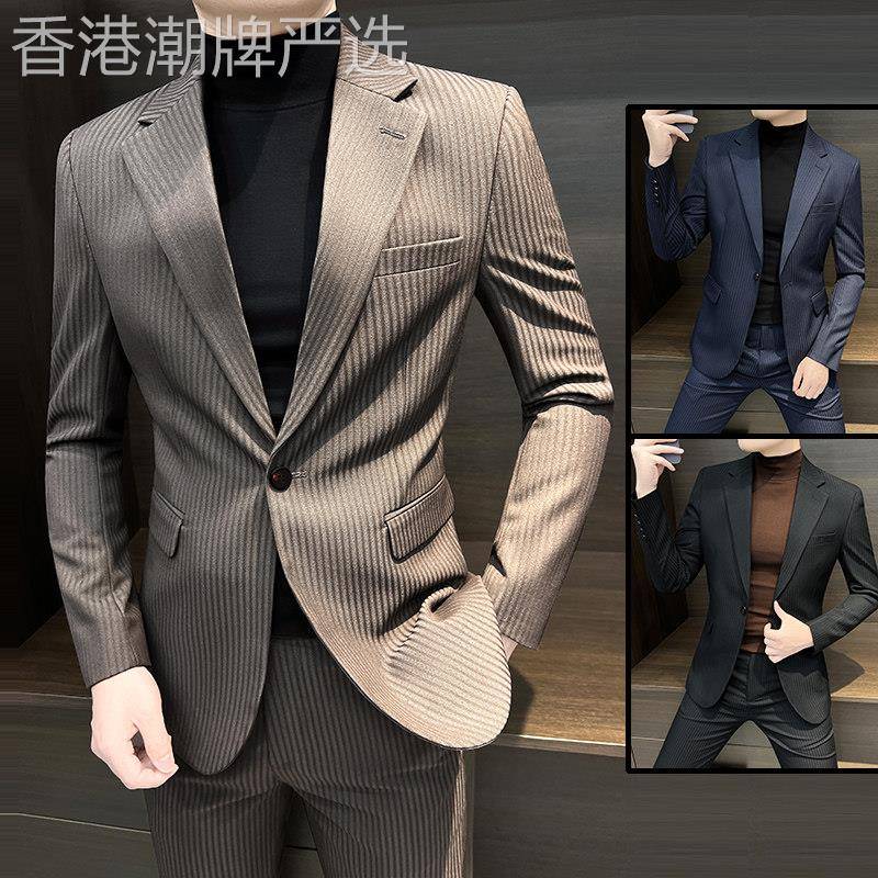 潮牌2525条纹西服套装男士秋季商务正装韩版修身男装休闲西装外套