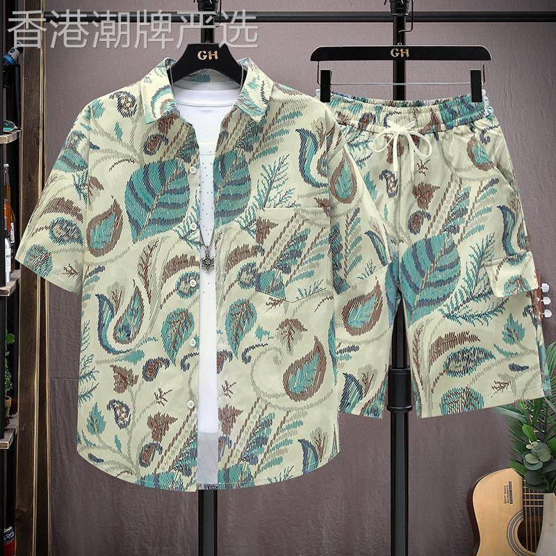 冰丝休闲 套装男夏季潮牌痞帅沙滩度假翻领短袖花衬衫短裤穿搭一