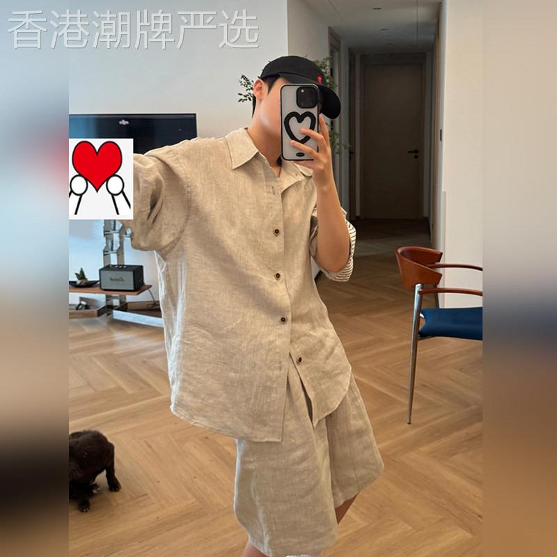 高端老钱风卡其色套装男2026夏季新款轻薄防晒短袖衬衫短裤一整套