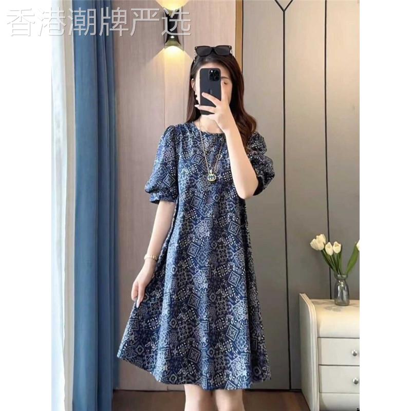 休闲碎花短袖洋装女夏季新款复古印花泡泡袖女士显瘦宽松中长裙