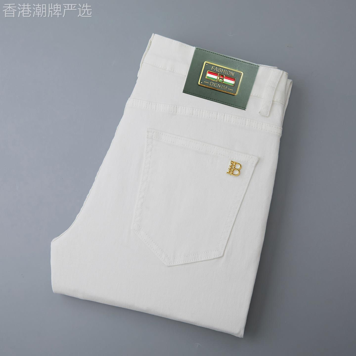 香港春季白色牛仔裤男士休闲修身直筒高端纯棉长裤春秋款百搭裤子