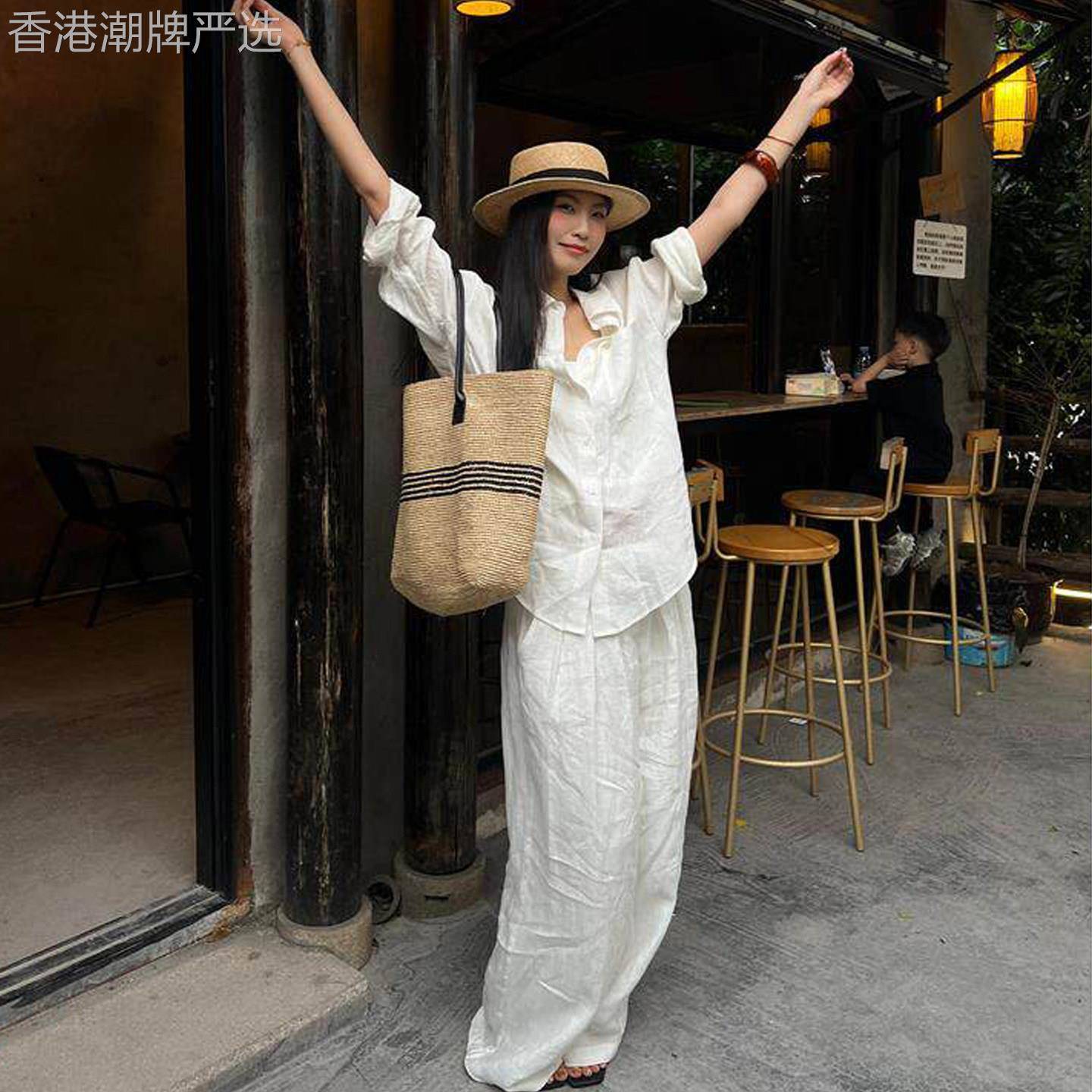 欧洲站女夏季高知休闲高级亚麻衬衫套装防晒棉麻松弛阔腿裤通勤装