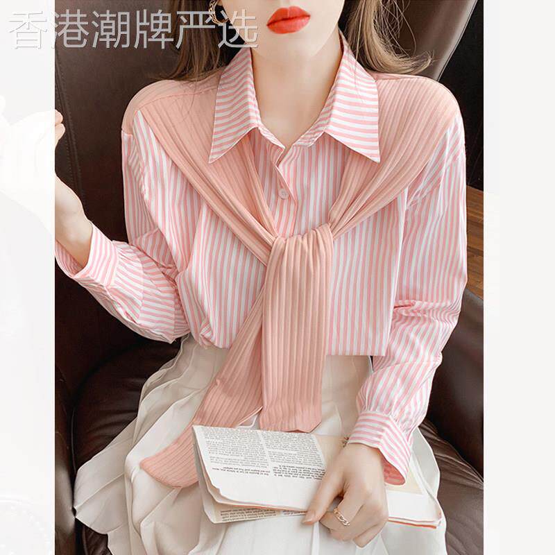 条纹雪纺衬衫女春秋2026年新款设计感小众衬衣女士披肩假两件上衣