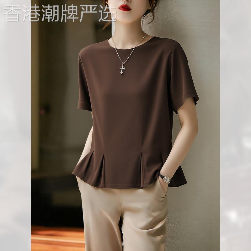 减龄高级感上衣圆领女夏季2026年新款宽松显瘦短袖T恤百搭荷叶边