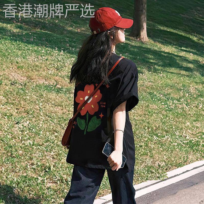 黑色正肩t恤女短袖2026新款爆款夏季纯棉宽松印花体恤小个子上衣