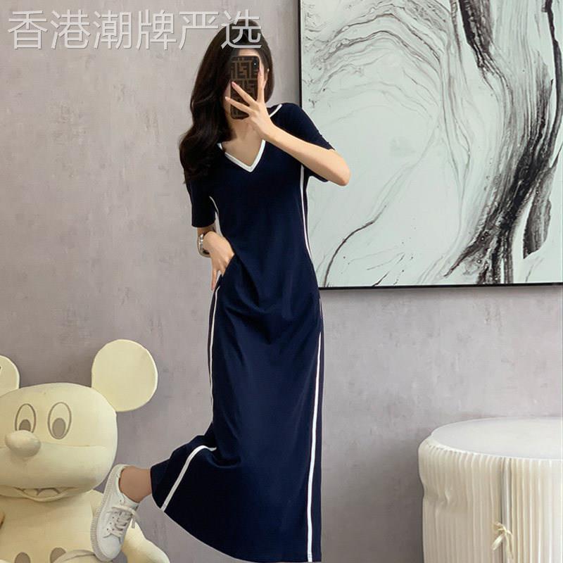 欧洲站V领洋装女2026新款夏季超长款过膝收腰显瘦短袖T恤长裙子