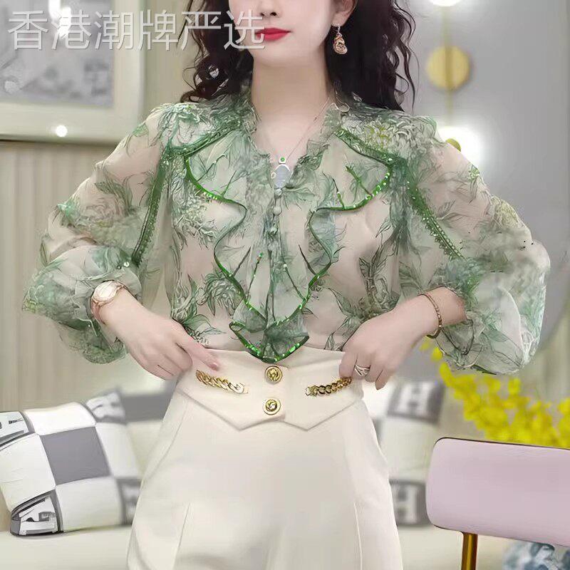 大码法式高级感独特印花V领花边衬衫女洋气减龄百搭长袖雪纺衫潮