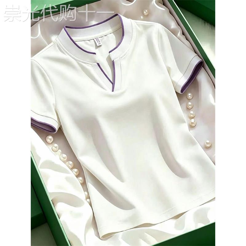 冰丝V领短袖T恤女士2026新款夏季薄款大尺码polo衫速干T恤白色上图片