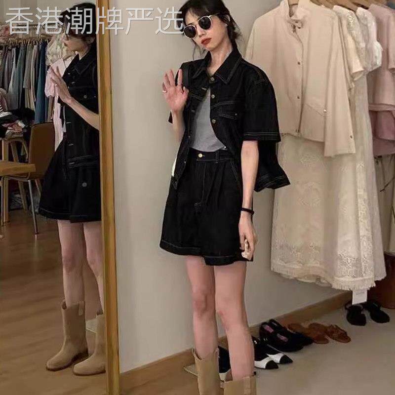 小个子穿搭一整套女夏季新款欧货复古牛仔短袖衬衫外套短裤两件套