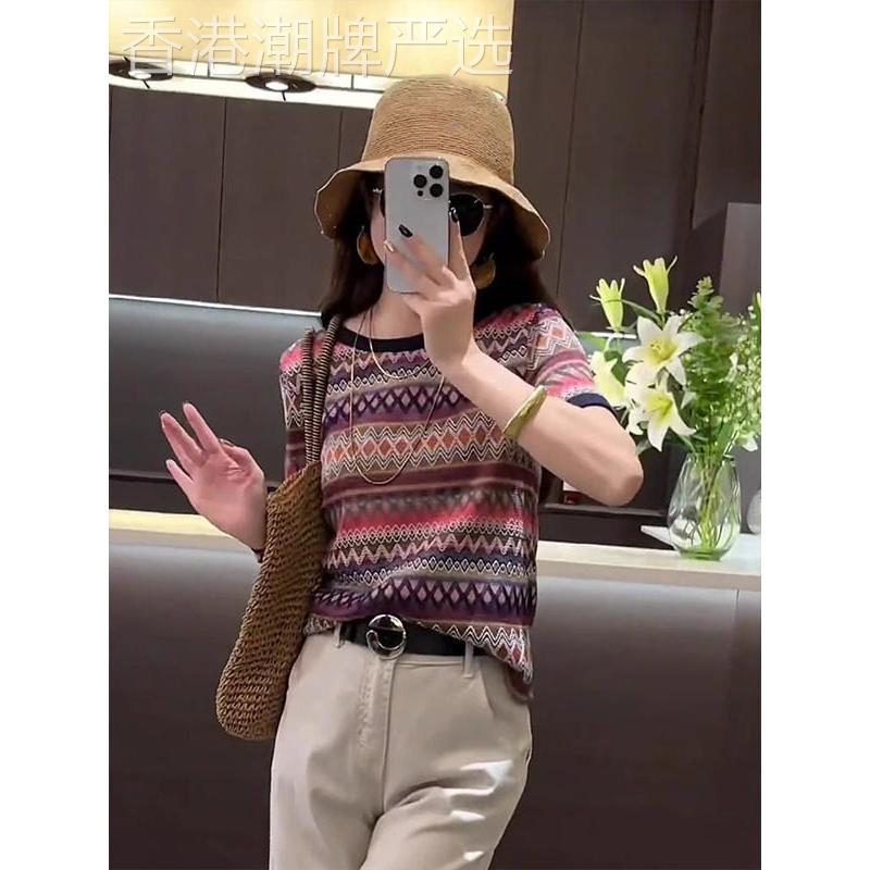 夏季对比条纹短袖女式t恤2025新时尚外国风格宽松独特上衣超级好
