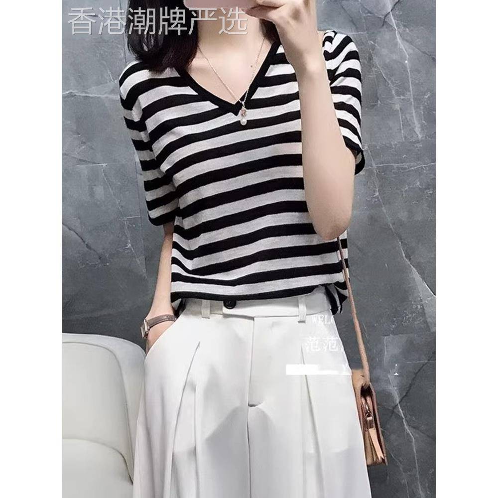 休闲条纹针织短袖女式t恤夏季新时尚V领宽松薄女式半袖衬衫上衣