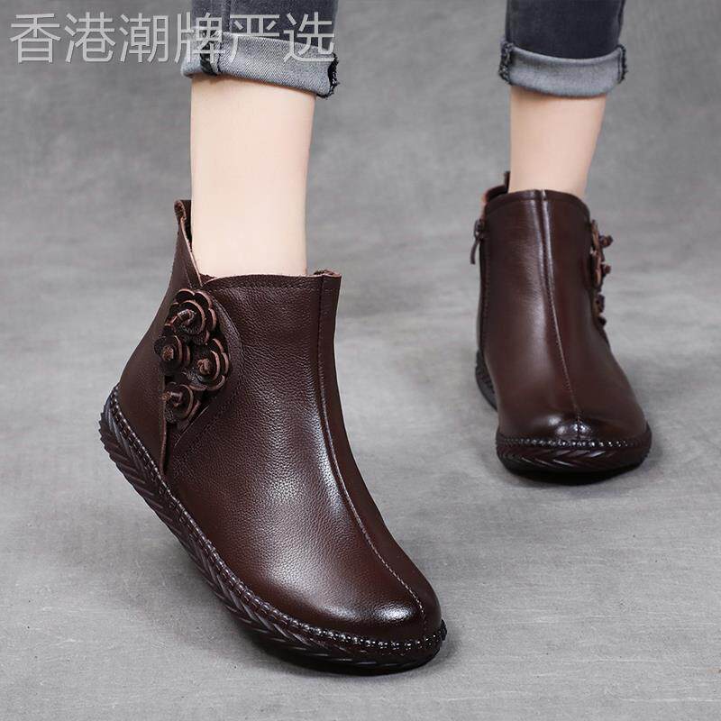 真皮牛筋底妈妈短靴女秋冬棉靴中老年软底覆古马丁靴平底老人棉鞋