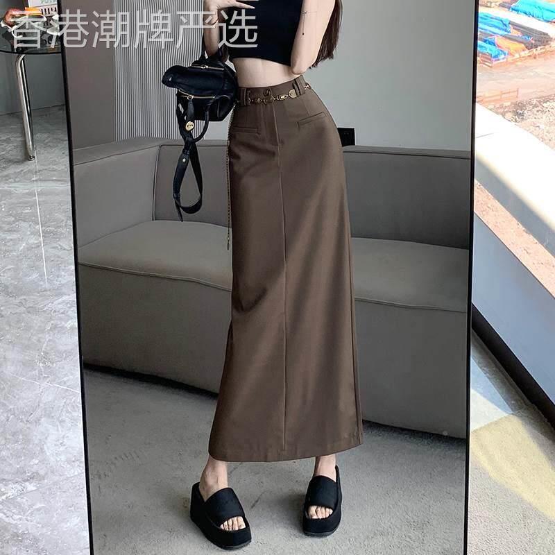 咖色包臀半身裙春秋季2025新款高腰显瘦中长版开叉直筒a字一步裙