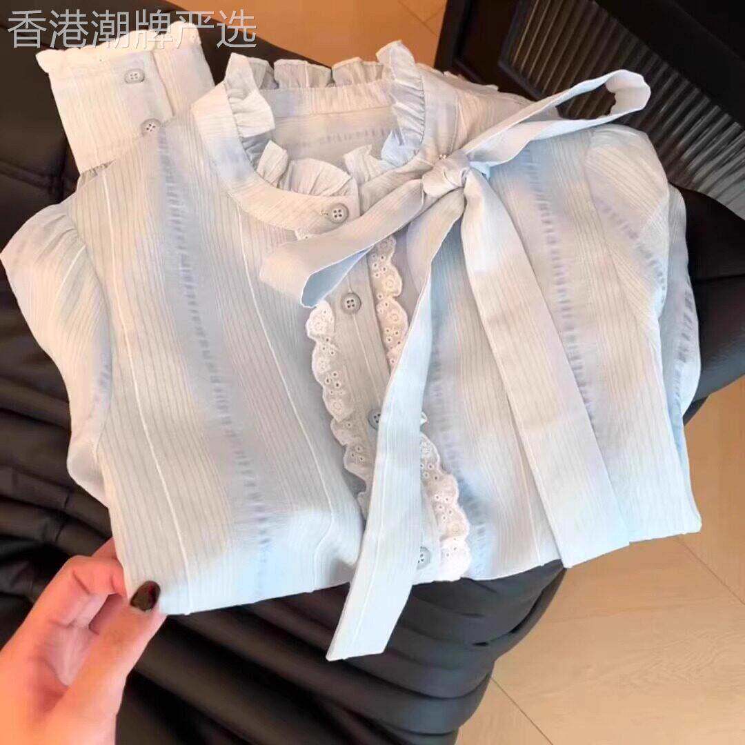 蝴蝶结蕾丝高级感轻奢减龄洋派气质衬衫女长袖蓝色衬衫春秋季上衣