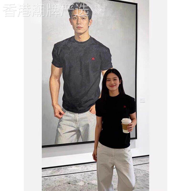 黑色正肩小马刺绣短袖T恤男夏季索罗娜凉感透气健身修身运动上衣