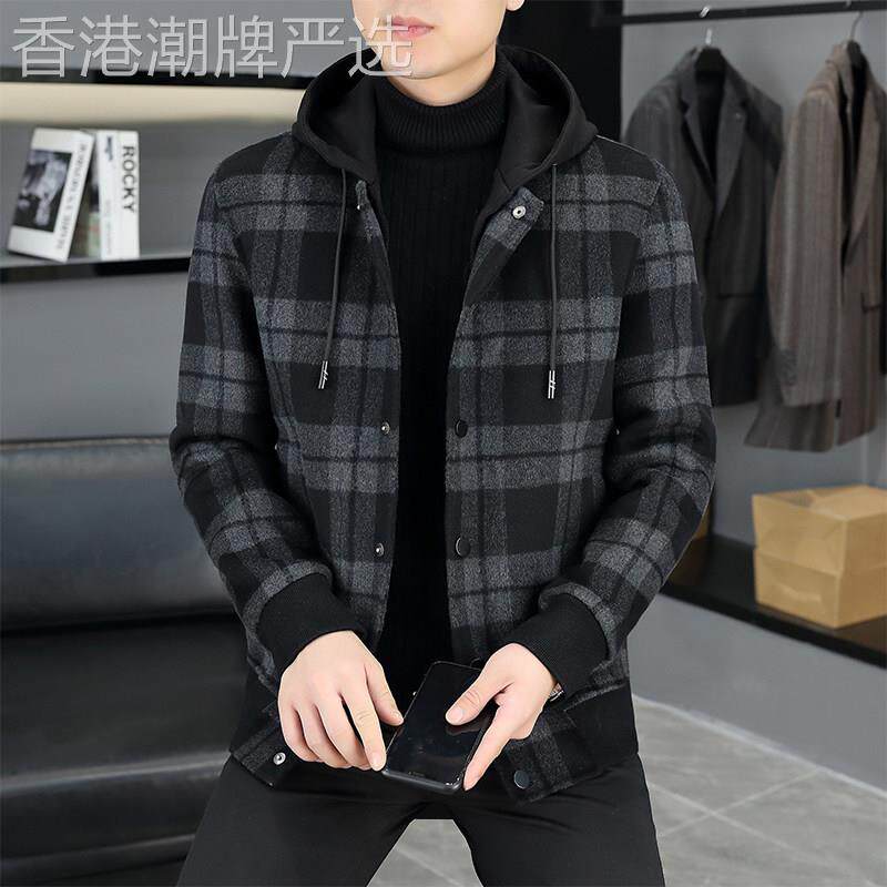 连帽双面呢大衣男春秋短款韩版修身帅气羊毛上衣休闲帅气男士外套