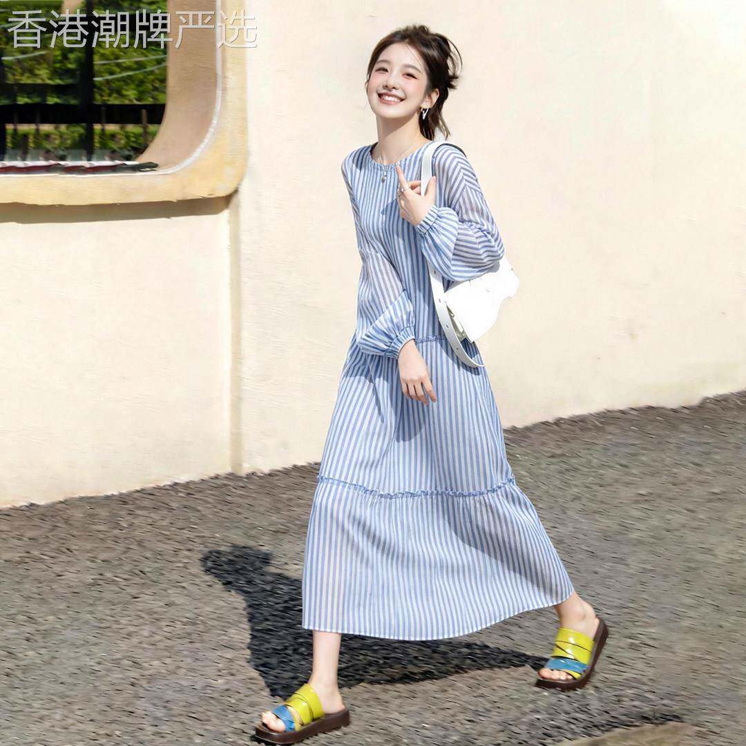 法式蓝色条纹长袖洋装女2026夏季新款设计感独特超好看宽松裙子