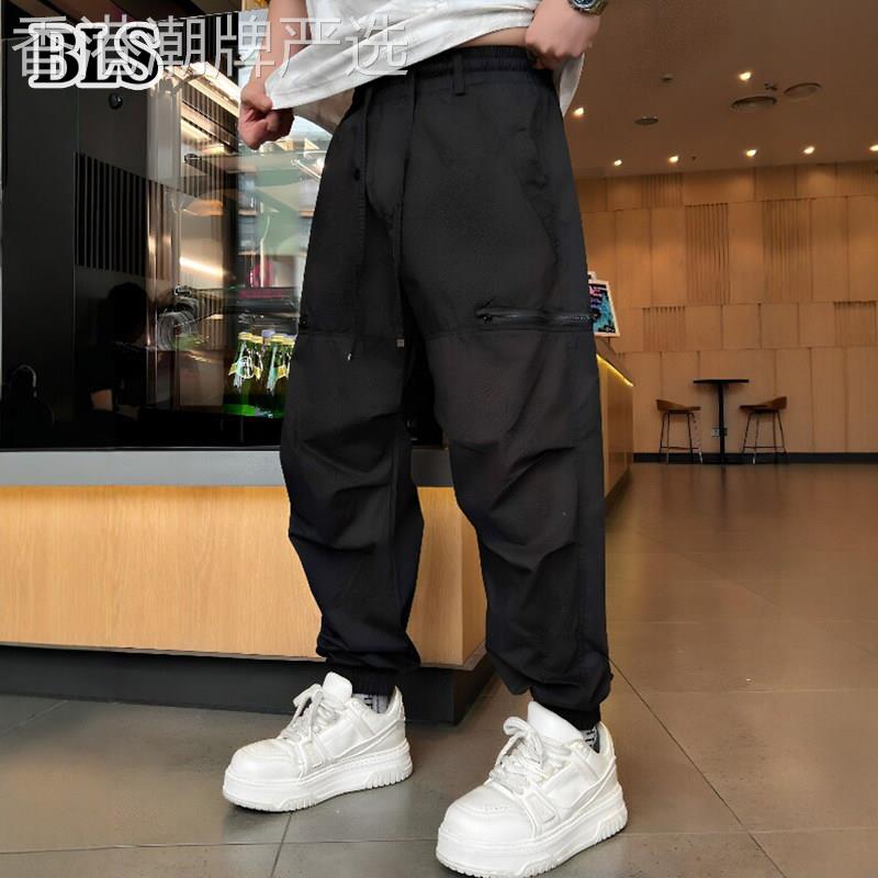 高端棉布工装休闲裤男款夏季薄款2026新款拼接宽松束脚男士哈伦裤