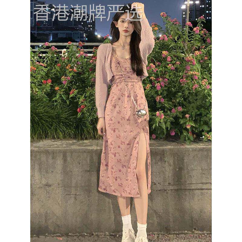 欧洲站秋装2025年新款高级感针织开衫配吊带碎花连衣裙子两件套装