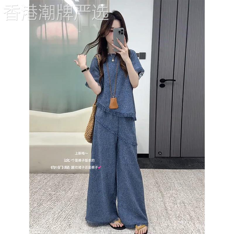 欧洲站休闲运动套装女2026新款夏季时尚高端流苏上衣阔腿裤两件套