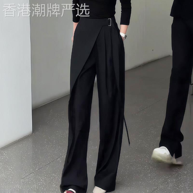 黑色西装裤女夏季2026新款高腰不规则垂感显瘦松弛感系带阔腿长裤