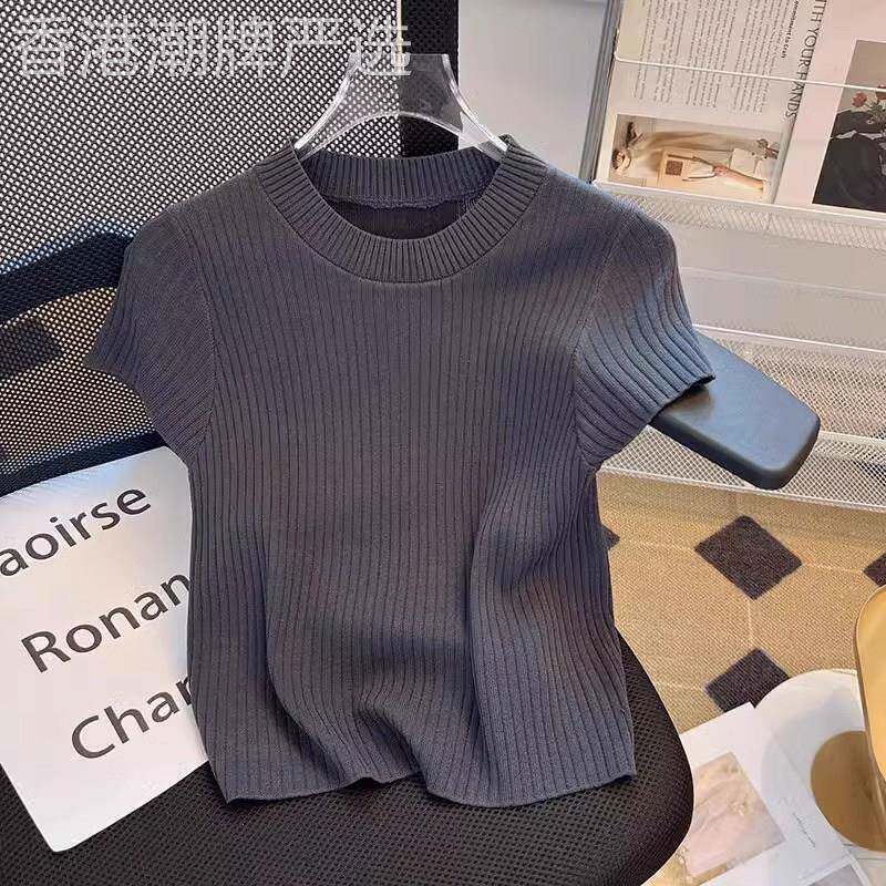 冰丝短袖t恤女夏季薄款2026新款修身显瘦针织衫正肩半袖体恤上衣