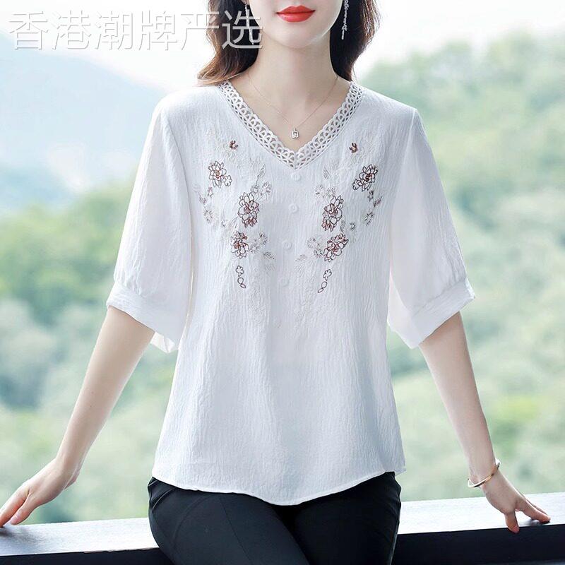 棉麻短袖衬衫女装夏季2026新款苧麻T恤小衫V领宽松遮肚亚麻上衣薄