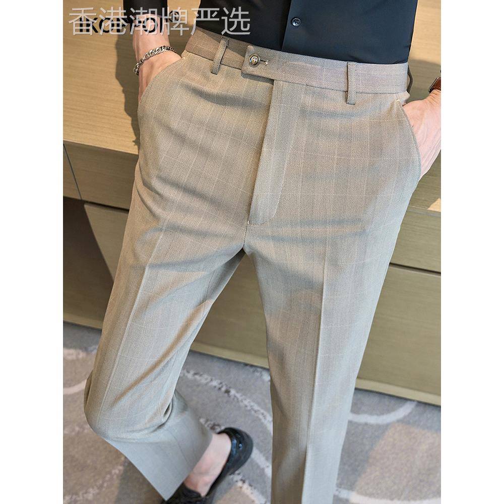 高端男士潮流英伦风格子西裤2025春秋新款休闲商务修身小脚西装裤