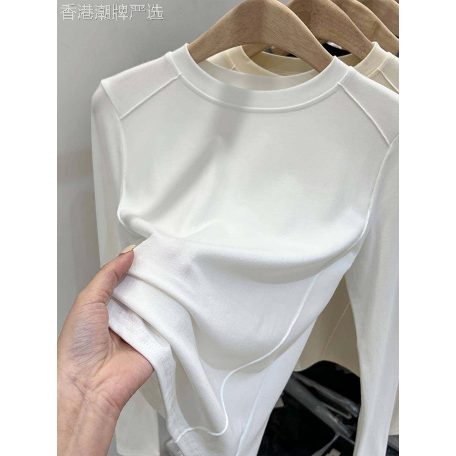 欧货白色长袖t恤女春秋2025新款修身保暖上衣加绒打底衫女内搭潮