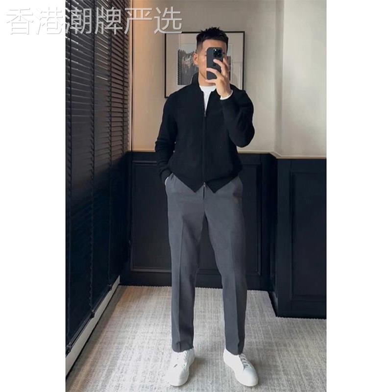 潮牌高端商务深灰色成熟稳重休闲西裤通勤穿搭男士九分直筒西装裤