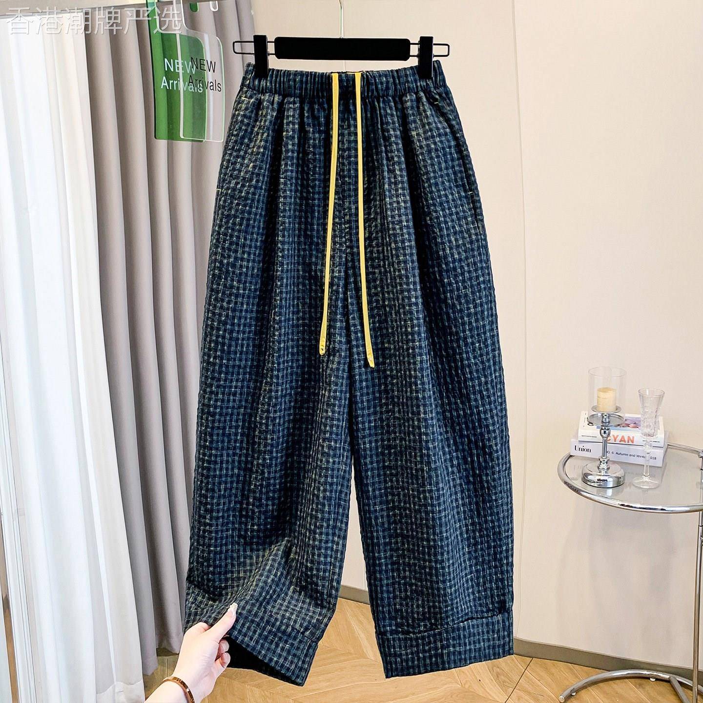 棉麻亚麻弯刀格子裤女夏季薄款裤子2026新款流行爆款哈伦裤萝卜裤