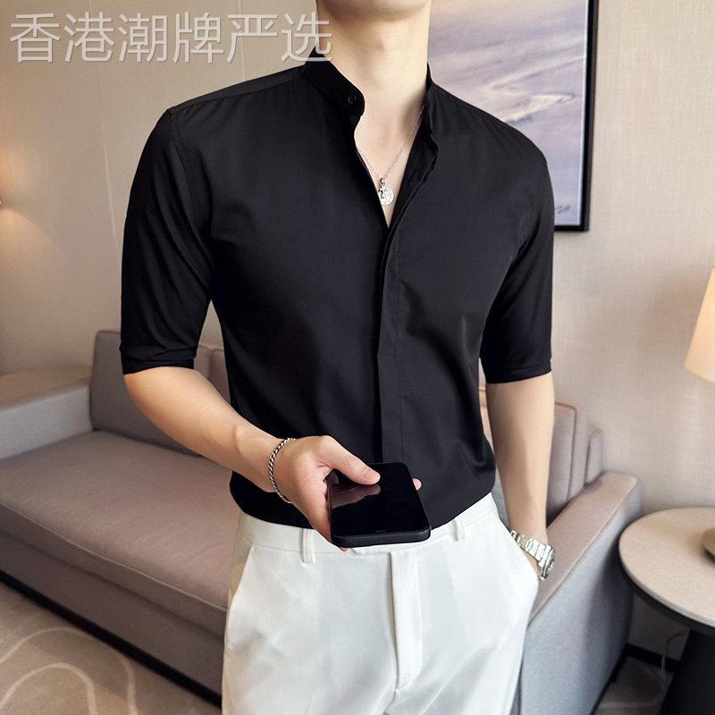 夏季薄款立领衬衫男短袖高级感商务正装中袖衣服潮牌痞帅免熨烫衬