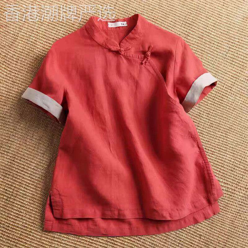棉麻衬衫女士短袖夏季薄款2026新款大码唐装中式国风改良旗袍上衣