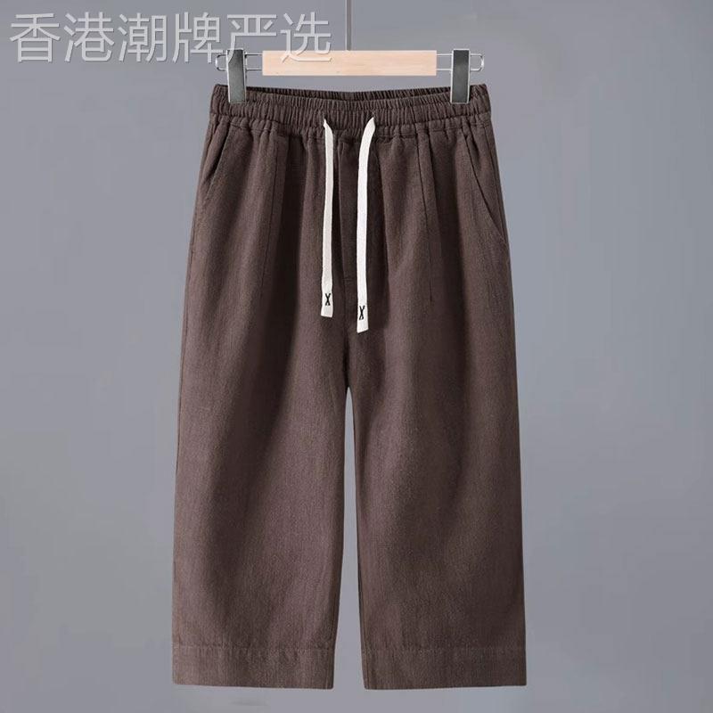 MK正品纯色亚麻七分裤男夏季棉麻布料休闲短裤高端宽松直筒男士短图片