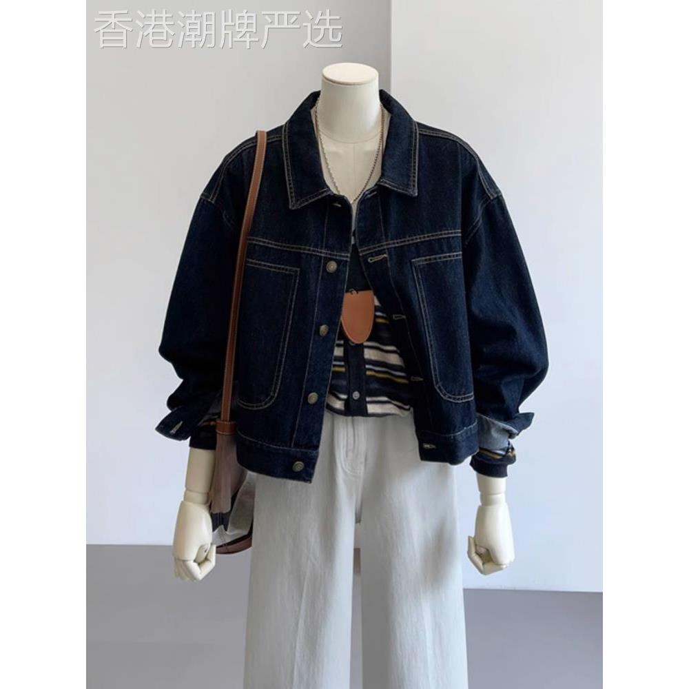 深蓝色覆古工装牛仔外套女春秋休闲口袋设计感小个子短款夹克上衣
