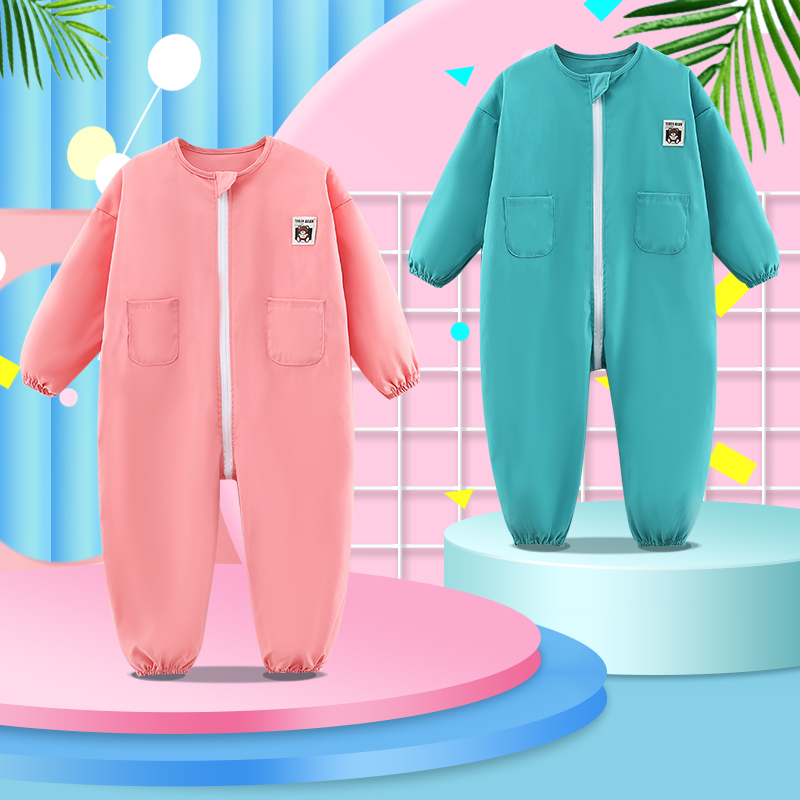 宝宝护衣儿童连体罩衣外穿防脏爬行服男女宝长袖薄款哈衣全身防水