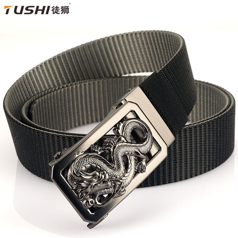 徒狮休闲男士无牙自动扣帆布腰带正装青年旋转扣双面可用尼龙皮带