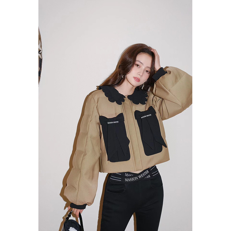 【品牌正品】MaisonWester咖色焦糖色甜美减龄花朵领羽绒服外套