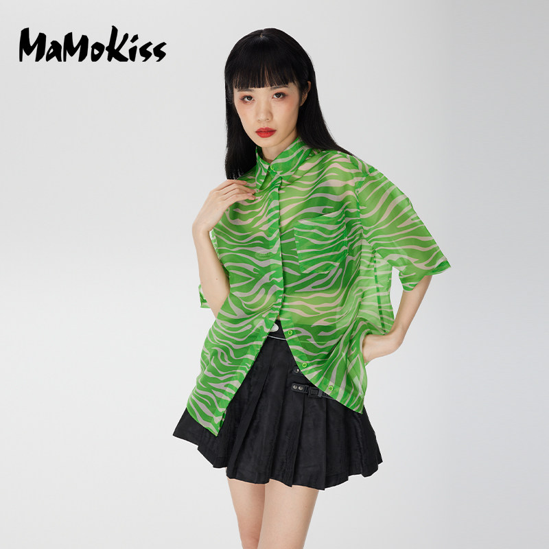 【SY】fiona chen/斐娜晨2021夏季新款潮流荧光绿兽纹短袖衬衫