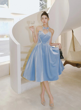 【品牌直发正品】MaisonWester蓝色丝绒礼服裙名媛气质镶钻连衣裙