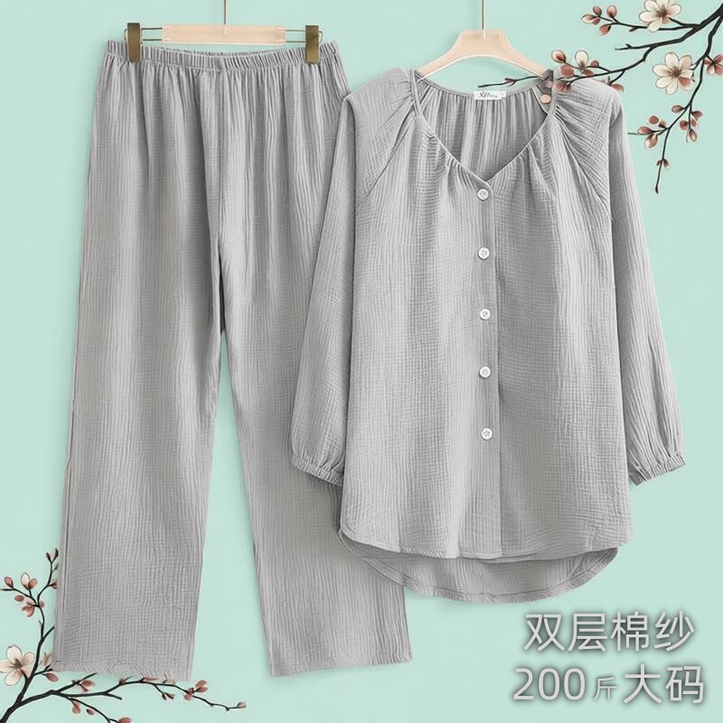 春秋大码200斤加肥睡衣纯棉双层纱带胸垫女衬衣宽松V领长袖家居服