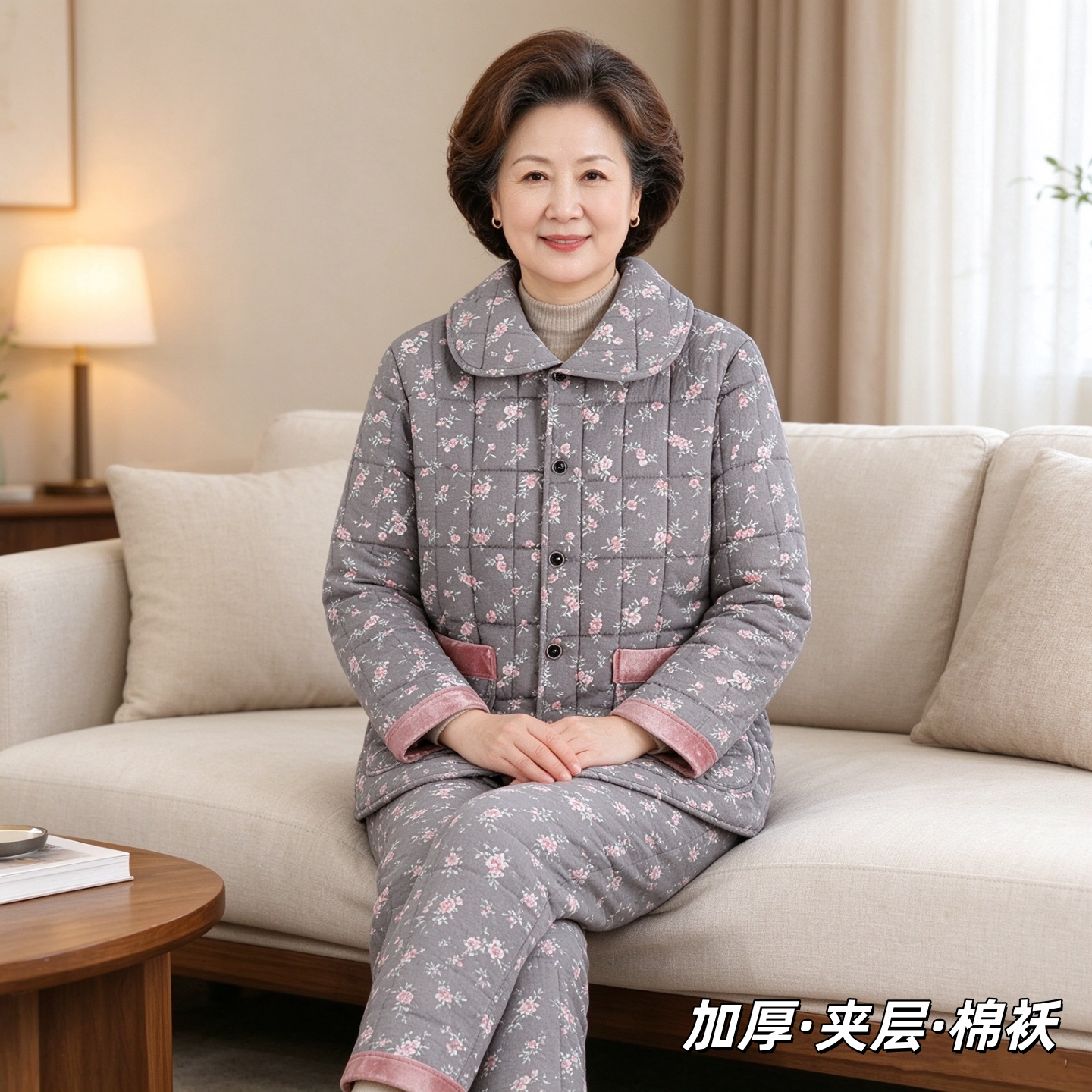 妈妈冬季三层夹棉加厚保暖睡衣中老年女士大码棉衣棉裤套装家居服
