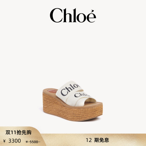 Chloe蔻依WOODY坡跟草编鞋
