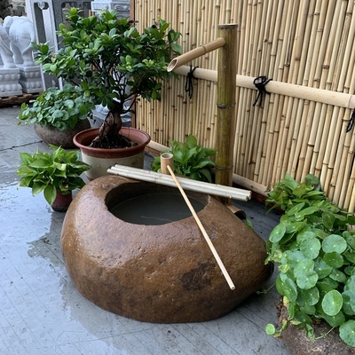 日式庭院流水景观石钵竹子摆件鹅卵石盆水槽水钵小景石槽室外装饰