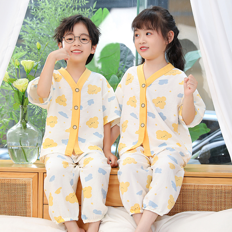 儿童中袖云朵棉睡衣薄款男童小女孩开衫夏季宝宝空调服家居套装