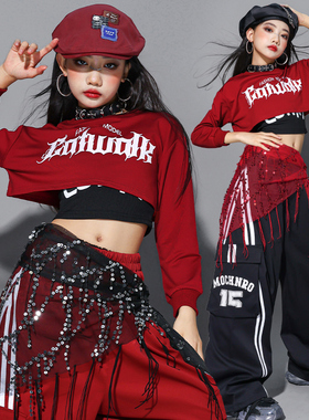 女童红色爵士舞表演服装儿童街舞演出服少儿jazz套装女孩上衣潮装
