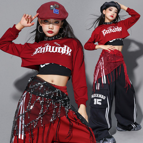 女童红色爵士舞表演服装儿