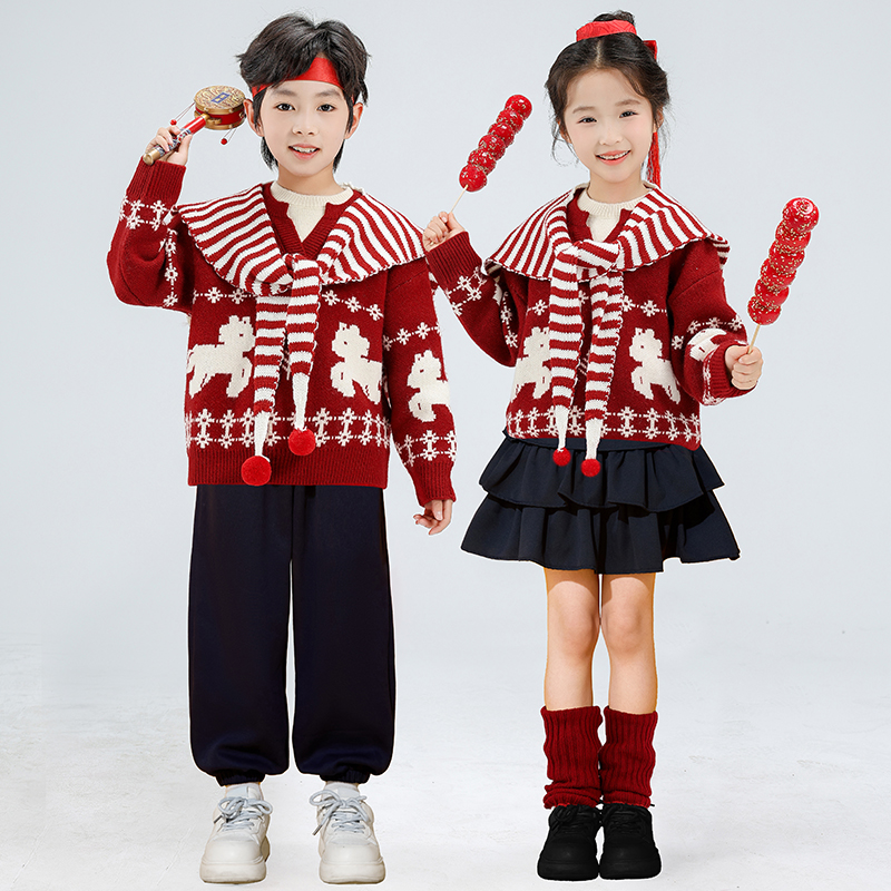 儿童拜年服套装男汉红色毛